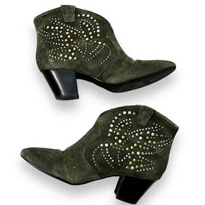 ASH Spirit Ankle Boots Studded Green Suede Slip on Heels Western Size 38/US7